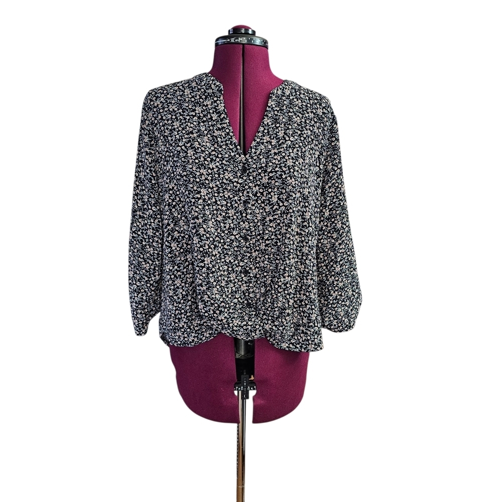Hippie Rose Floral Boho Style 3/4 Sleeve Blouse with Mandarin Collar